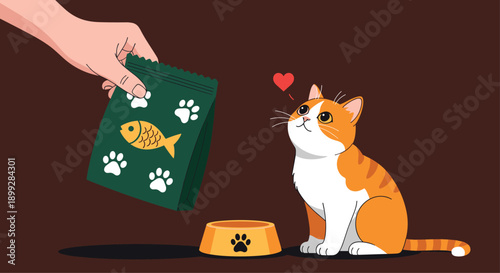 Human hand holding a bag of fish snacks to feed a cute ginger and white cat sitting expectantly by an empty bowl.