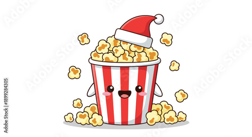 Adorable cartoon popcorn bucket character wearing a red santa hat and surrounded by fluffy popcorn kernels for christmas.