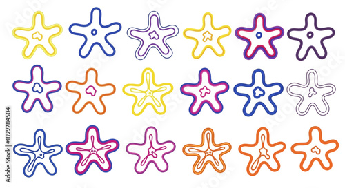 Vibrant starfish illustrations arranged in rows on a white background jhgfds