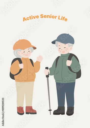 Senior couple hiking and trekking in mountains, healthy retirement outdoor activity illustration