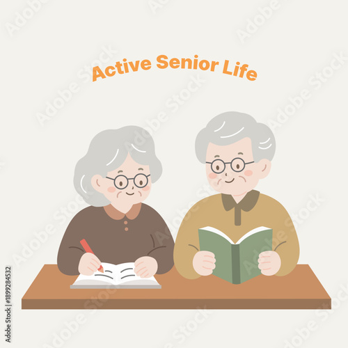 active senior couple studying and writing in notebooks, lifelong learning and elderly education illustration