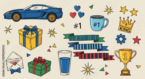 A blue sports car surrounded by celebratory items like gifts, trophies, and confetti on a beige background with jhgfds elements.
