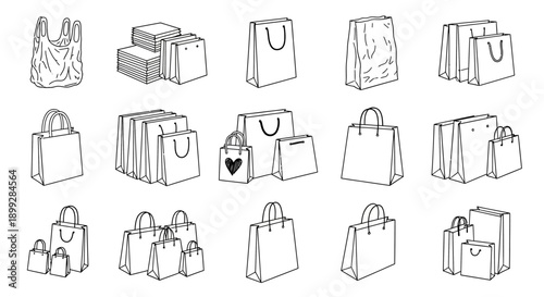 Various shopping bags and handbags are arranged in rows on a clean surface