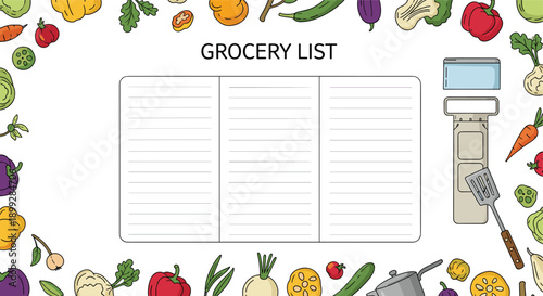 Blank grocery list template framed by colorful hand drawn vegetables like peppers carrots and greens with kitchen tools.