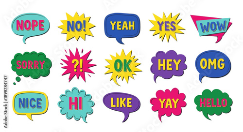 Colorful speech bubbles with various expressions are scattered jhgfds on a white background