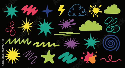 Vibrant colorful graphics including stars, clouds, and lightning bolts are scattered across a black background in a digital illustration.