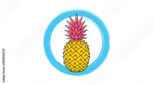 Stylized pineapple fruit with a bright pink top enclosed within a hand drawn blue circle on a plain white background.