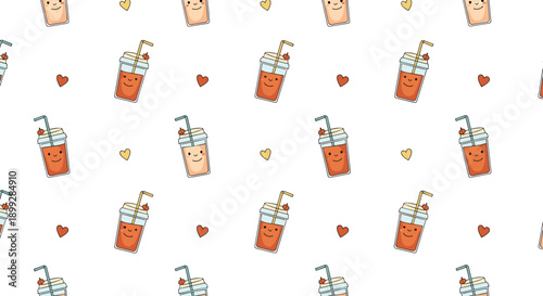 Charming seamless pattern of takeaway coffee cups with cute faces and tiny hearts on a clean white background.