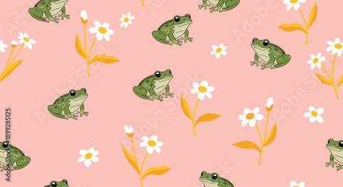 Adorable pattern featuring small green frogs and white daisy flowers scattered on a soft pink background for children.