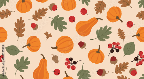 Warm autumn harvest pattern featuring various pumpkins orange squash acorns and fall leaves on a cream background.