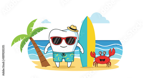Happy tooth character wearing sunglasses and swim trunks posing on a beach with a surfboard and a cute red crab.