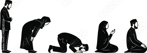   Islamic Prayer Positions Silhouette Vector Set 2026 Muslim Men and Women Performing Salah Namaz Postures, Ruku, Sujud, and Dua Black Illustration Isolated on White Background 2026