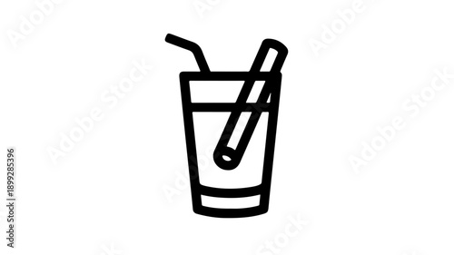 Minimalist black line icon of a chai tea glass with straw on white background for beverage or drink concept