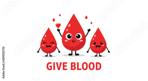 Three cute cartoon blood drop characters with smiling faces holding a heart above the text give blood on a clean white background design.