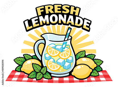 Cartoon graphic illustration of fresh lemonade depicting a refreshing summer drink with lemons and ice on a checkered tablecloth for a picnic or restaurant menu