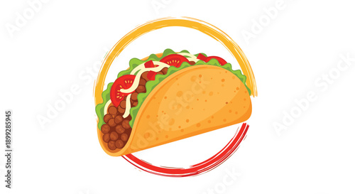 Appetizing illustration of a loaded beef taco with lettuce and tomatoes inside a decorative circular border on a white background backdrop.