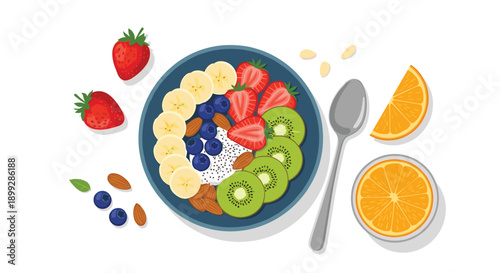 Healthy breakfast bowl top view with yogurt, banana slices, strawberries, blueberries, kiwi, and almonds next to fresh orange juice and fruit.