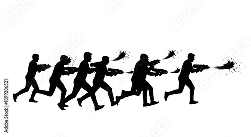 Silhouettes of people running and shooting with water guns, creating a playful and energetic scene.