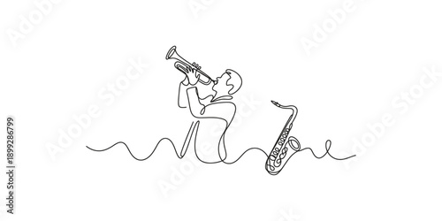 A single continuous line drawing capturing a jazz musician playing the trumpet