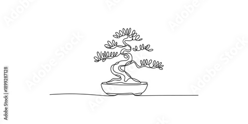 Elegant single line art illustration of a traditional japanese bonsai tree in a pot