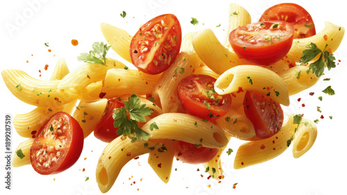 Floating penne pasta with cherry tomatoes parsley chili flakes olive oil dynamic Italian food motion isolated on white background