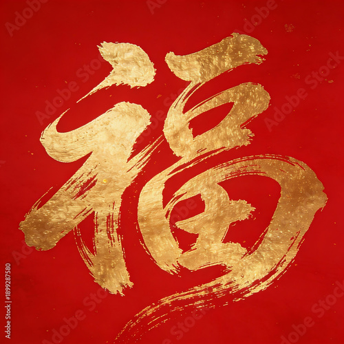 Golden Chinese Character Fu on Red Background