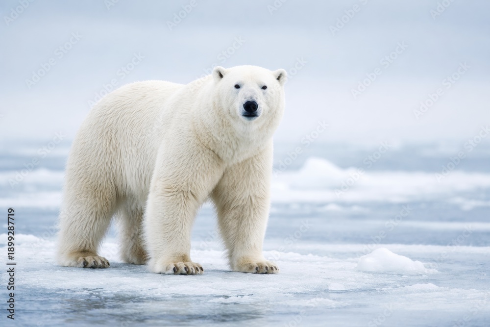 Fototapeta premium Majestic polar bear stands on ice floe in the Arctic wilderness, looking directly at the camera