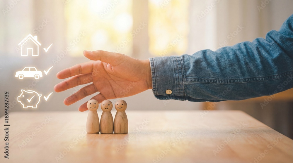 Fototapeta premium Hand reaching out to protect wooden figures representing family while icons of house car and piggy bank with checkmarks symbolize financial security and planning
