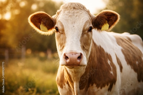 Wallpaper Mural Close-up portrait of a brown and white cow in a sunlit meadow at golden hour Torontodigital.ca