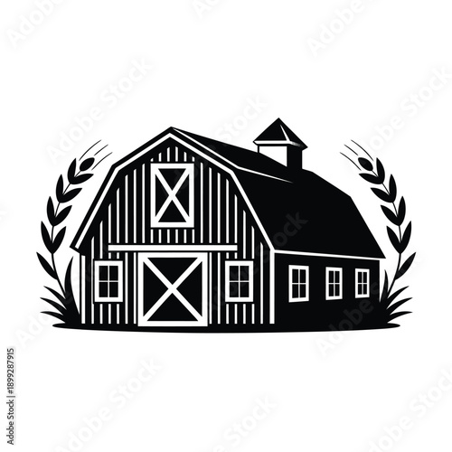 Vintage barn illustration framed by wheat stalks in black and white