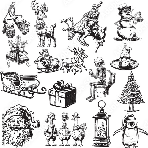 Christmas Element Set with Santa, Reindeer, Snowman, and Holiday Icons Hand Drawn, Vintage Christmas Bundle