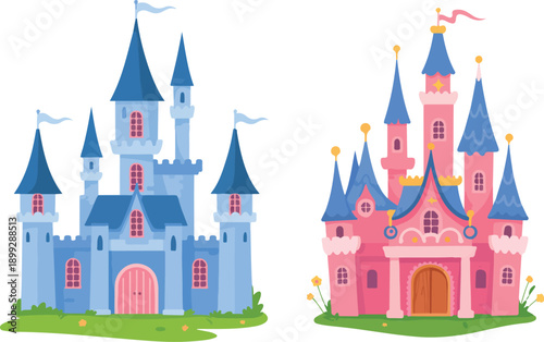 Fairy Tale Castle Vector Set Pink Towers and Whimsical Buildings
