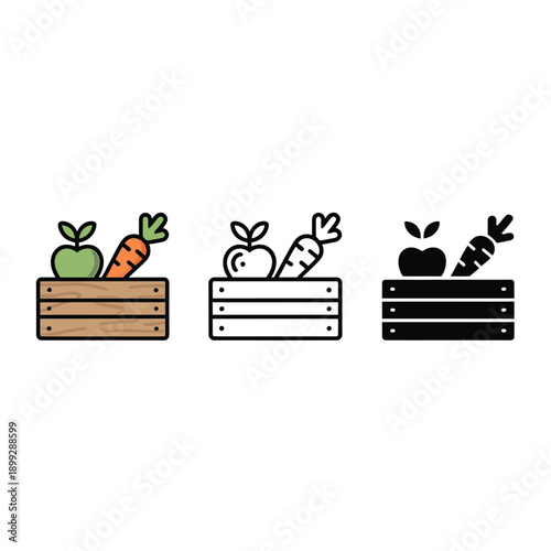 Three wooden crates filled with apples and carrots in varying styles