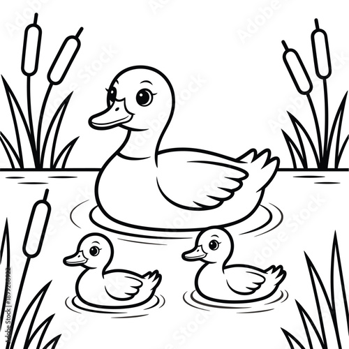 A mother duck swims with her ducklings in a tranquil pond scene