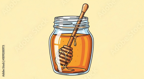 A vector graphic illustration of a glass jar filled with honey and a honey dipper.