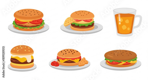 A vector graphic illustration of various burgers and a drink on plates