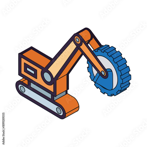 Orange Excavator Machine with Blue Wheel.