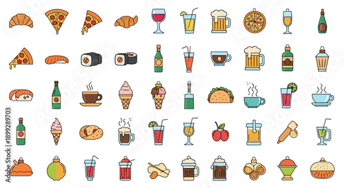 Colorful Flat Design Vector Icons of Various Food and Drink Items