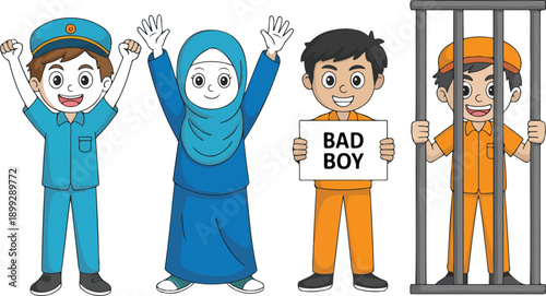 Children Behavior Outline Illustration Set  Good Kids and Misbehaving Boy