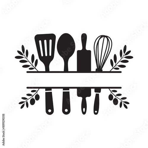 Black and white illustration of cooking utensils with botanical elements framing a banner