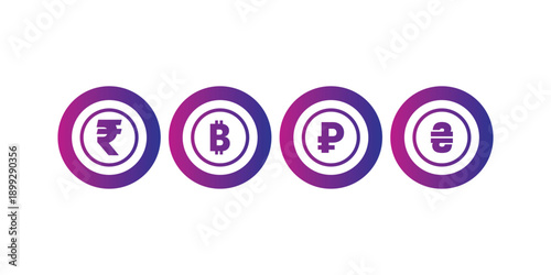 Digital and National Currency Set - Bitcoin, Rupee, Ruble, and Hryvnia