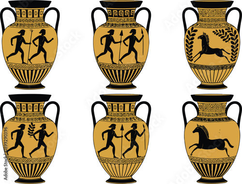 Ancient Greek Amphora Outline Illustration Set  Mythological Figures and Pottery