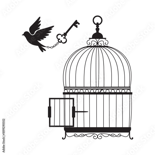 A bird flies with a key unlocking an ornate empty birdcage