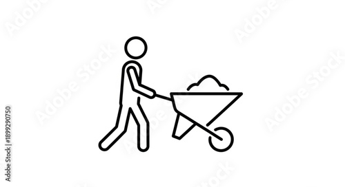 Stick figure pushing a wheelbarrow full of dirt.