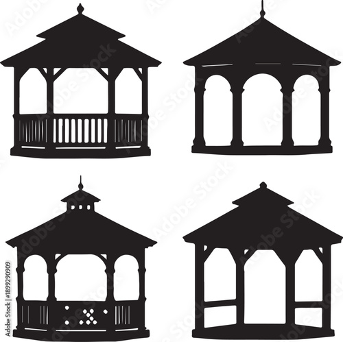 Four distinct gazebo pavilion showcasing various architectural styles and designs suitable for outdoor garden structures and event spaces silhouettes vector illustration