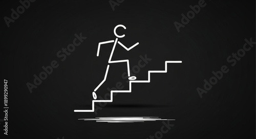 Stick figure running up stairs on dark background.