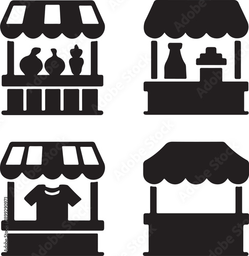 Four different market stalls icons representing various small business stands, kiosks, and retail points for commerce, trade, and public events silhouette vector illustration