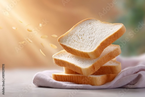 flying toast, closeup, orange background, sun rays shining on the bread slices