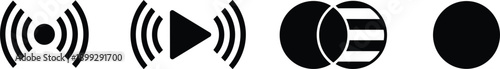 Audio sound signal icons set featuring waves play symbol and abstract circles for media communication design concepts vector