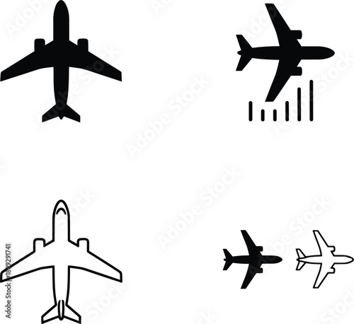 Airplane flight icons set featuring takeoff, landing, travel, and aviation symbols in solid and outline styles design
